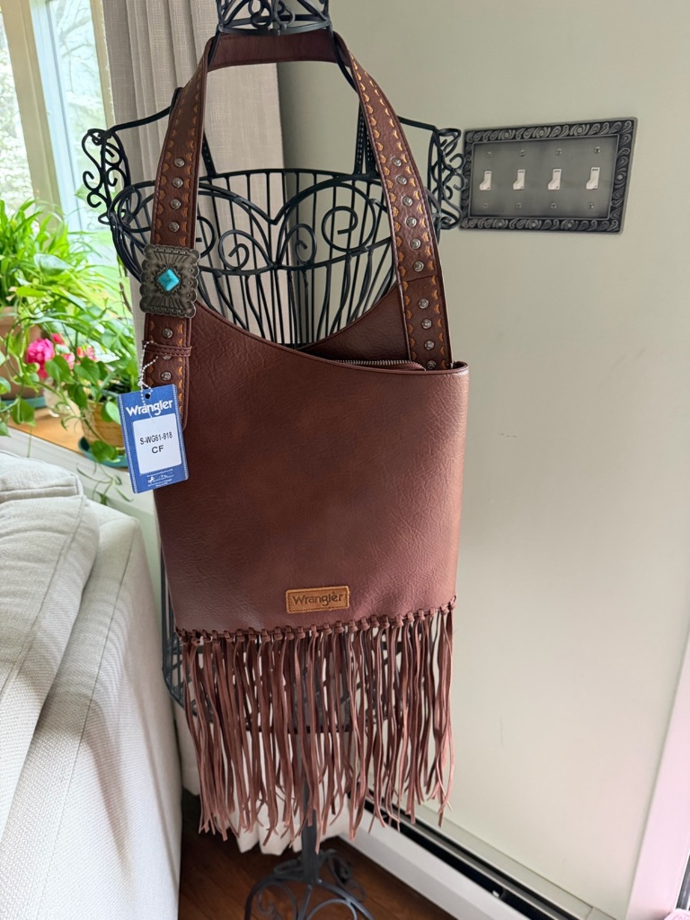 Wrangler Brown Leather Fringe Shoulder Bag /Turquoise Concho